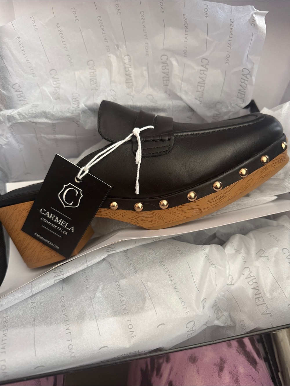 Carmela Essential Love Black Leather Platform Loafer with Gold Studs